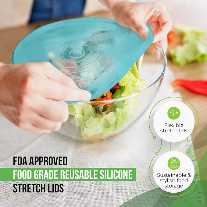 Reusable Silicone Stretch Lids for Food Storage in Fridge - Elastic Heat-Resistant Bowl Covers, Cups, Cans, Jars - Universal Food Grade Lid for Round and Rectangle Containers -7 Pack - Midnight Teal