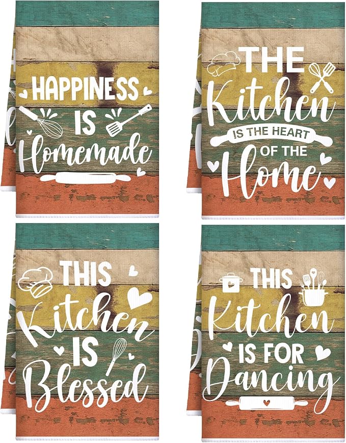 4 Pcs Vintage Kitchen Towels Absorbent Happiness Dish Towels Gift | Heart of the Home Quote Hand Tea Dishcloths with Hanging Loop for Home Housewarming Gift Funny Kitchen Decor Accessories