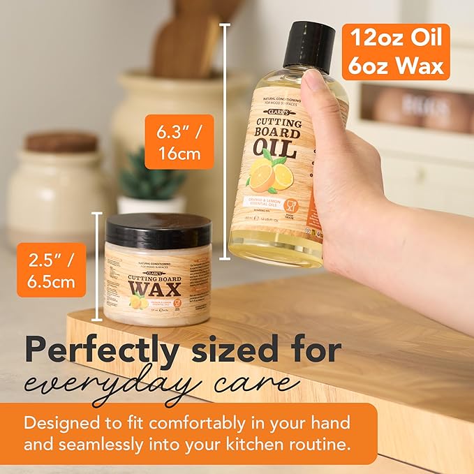 CLARK'S Cutting Board Oil & Wax Kit, Orange Lemon Scent, Food Safe - 2 Pack | Includes Food Grade Mineral Oil (12oz), Cutting Board Wax (6oz) for Cutting Boards, Butcher Blocks & Kitchen Wooden Utensils