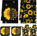 Bencailor 6 Pcs Sunflower Kitchen Decor Black Sunflower Kitchen Towels Pot Holders and Oven Mitts Sets 2 Farmhouse Cooking Mittens for Cooking Grilling Supply Accessories