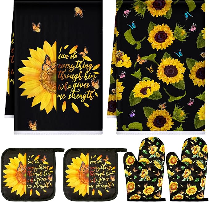 Bencailor 6 Pcs Sunflower Kitchen Decor Black Sunflower Kitchen Towels Pot Holders and Oven Mitts Sets 2 Farmhouse Cooking Mittens for Cooking Grilling Supply Accessories