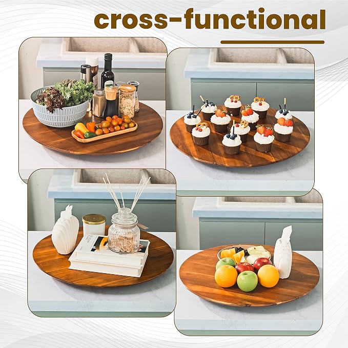 TIDITA 21" Acacia Wood Lazy Susan for Table Top, Swivel Charcuterie Board | 360° Rotation, No Rim, Solid Acacia Wood, Non-Skid Pads, Round Lazy Susans Turntable for Countertop, Extra Large
