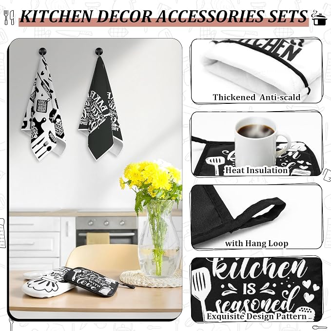 8 Pcs Farmhouse Kitchen Decor Accessories Set 4 Black White Kitchen Dish Towels 2 Oven Mitts 2 Pot Holders Kitchens Towels Pot Holders Oven Mitt Decor for Cooking Baking Housewarming