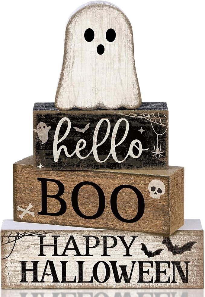 Lineshading 4 Pcs Halloween Table Decor Surprised Ghost Tiered Tray Decor | Stacked Blocks with Ghost, Rustic Wood, For Tabletop Shelf Mantel, Halloween Farmhouse Home Styling, Gift Ready