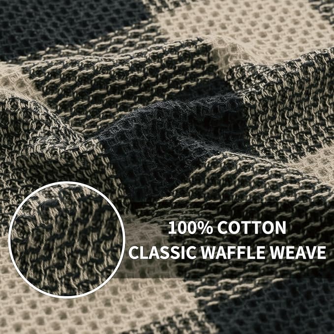 Homaxy Kitchen Towels and Dishcloths Set, Set of 12, Black & Tan | Bulk Cotton Waffle Weave Check Plaid Kitchen Towels, Super Soft and Absorbent Dish Cloths, 12 x 12 and 13 x 28 Inches