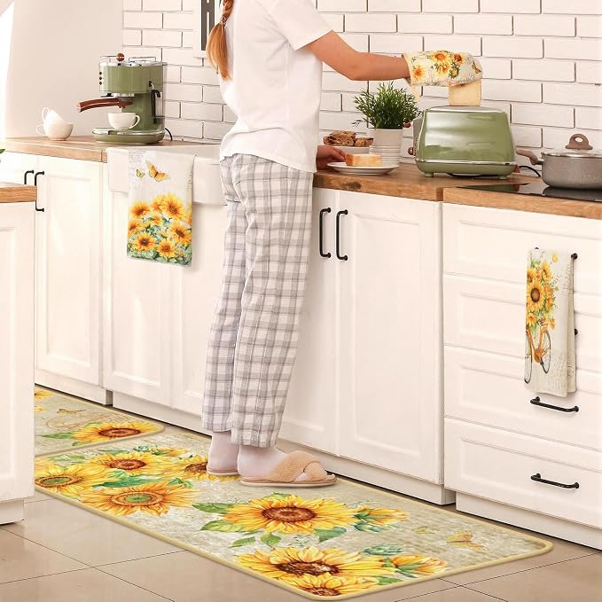 16 Pcs Farmhouse Sunflower Kitchen Decor Set 4 Kitchen Towels 2 Non Slip Rugs and Mats for Floor 4 Placemats 2 Curtains 2 Rustic Oven Mitts Gloves 2 Pot Holders for Home Decor Mom Cooking Gift