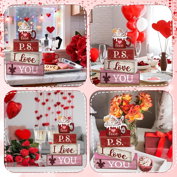Lineshading 4 Pcs Wooden Block Signs, P.S. I Love You Tiered Tray Decor | Farmhouse Coffee Mug Topper Design, Valentine's Day Tabletop Display, Stackable Set for Home Accents, Distressed Wood