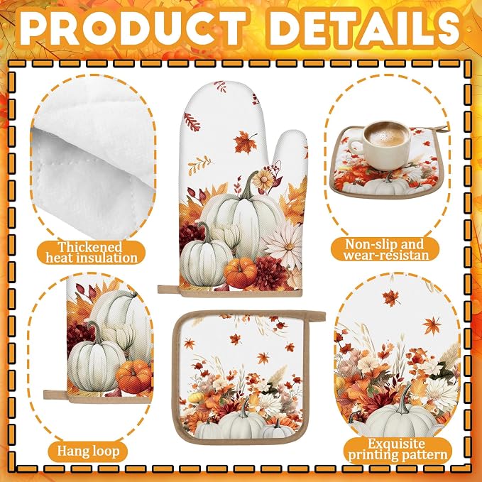 Fourluoo 10 Pcs Fall White Pumpkin Kitchen Decor Set White Pumpkin Rugs Towels Oven Mitts and Pot Holders Farmhouse Kitchen Decor Set for Gift Cooking Baking Grilling