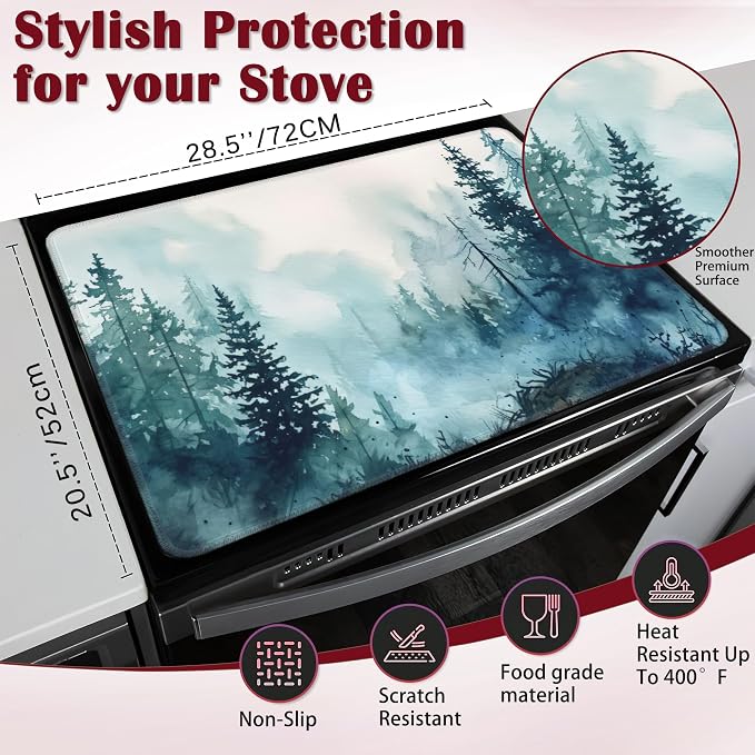 Misty Forest Stove Top Cover for Electric, Glass Ceramic Stove Cover, Heat Resistant Flat Stovetop Protector, Dish Drying Mats for Kitchen
