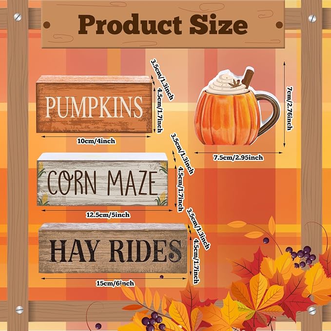 Lineshading 4 Pcs Fall Tiered Tray Decor, Wooden Pumpkin Farmhouse Signs | Rustic Wooden Blocks with Pumpkin Cup, Corn Maze Hay Rides Text, Tabletop Home Decoration for Fall Harvest