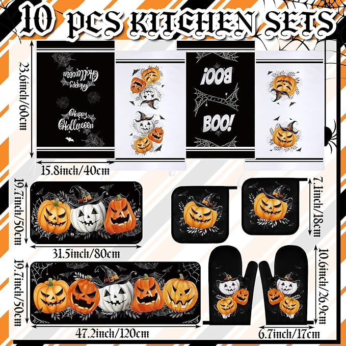 Fanfanwin 10 Pcs Halloween Kitchen Decor Accessories Set Gothic Pumpkin | Halloween 4 Kitchen Towels 2 Pot Holders 2 Oven Mitts 2 Rugs for Baking Cooking BBQ Autumn Home Decor Holiday Gift