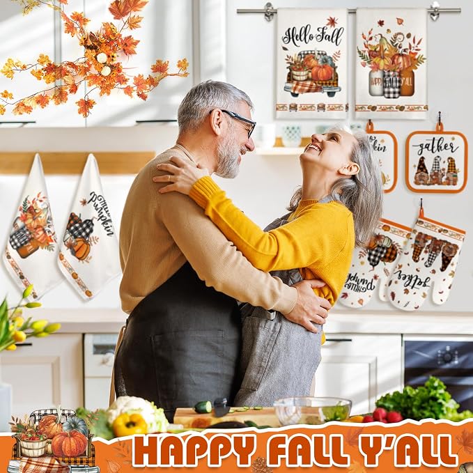 SiliFine 12 Pcs Fall Pumpkin Kitchen Towels Oven Mitts Pot Holders Set | Buffalo Plaid Gnome Harvest Design, Kitchen Accessories for Cooking Baking, Autumn Thanksgiving Decoration, Holiday Gifts