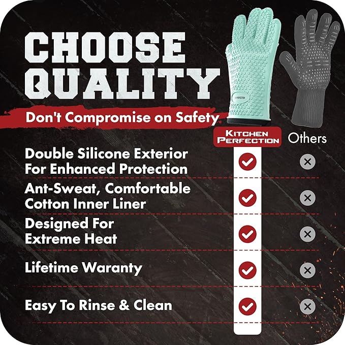 KITCHEN PERFECTION XL Silicone Smoker BBQ Gloves -Heat Resistant Oven Mitts | Waterproof, 5-Finger Design For A Better Grip, for Pitmasters, Meat Smoking, Grilling, Cooking, Frying Turkey | Grill Gift