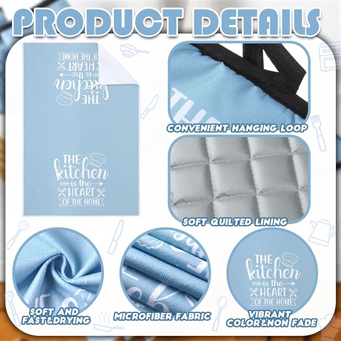 Sratte 6 Pcs Kitchen Decor Accessories Set, Kitchen, Light Blue | Farmhouse Kitchen Towels Pot Holders Oven Mitts Set 2 Dish Towels 2 Potholders 2 Cooking Mittens for Baking Cooking Supply