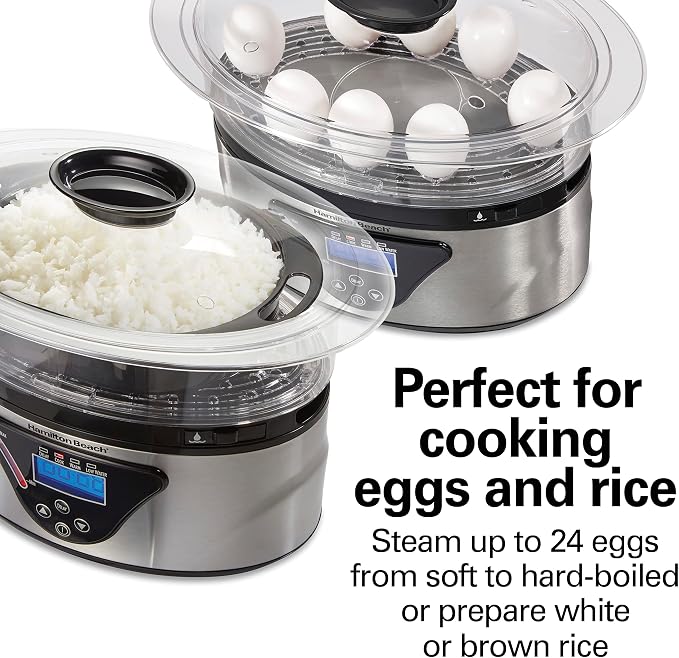Hamilton Beach Digital Electric Food Steamer, Rice Cooker & Egg Boiler | For Quick Healthy Cooking | 8.25 Qt. Stackable Three-Tier Bowls For Vegetables and Seafood | Auto Shutoff | Black & Stainless