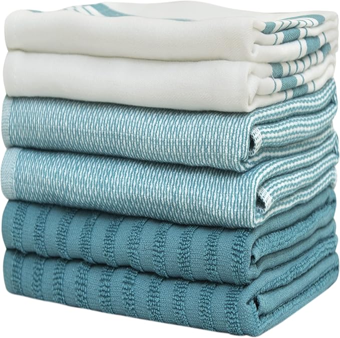 Premium Kitchen Towels 6 Pack 100% Cotton, 20"x28" Dish Towels - Aqua | Large Flat & Terry Kitchen Linen Set with Hanging Loops, Highly Absorbent for Washing and Drying Dishes