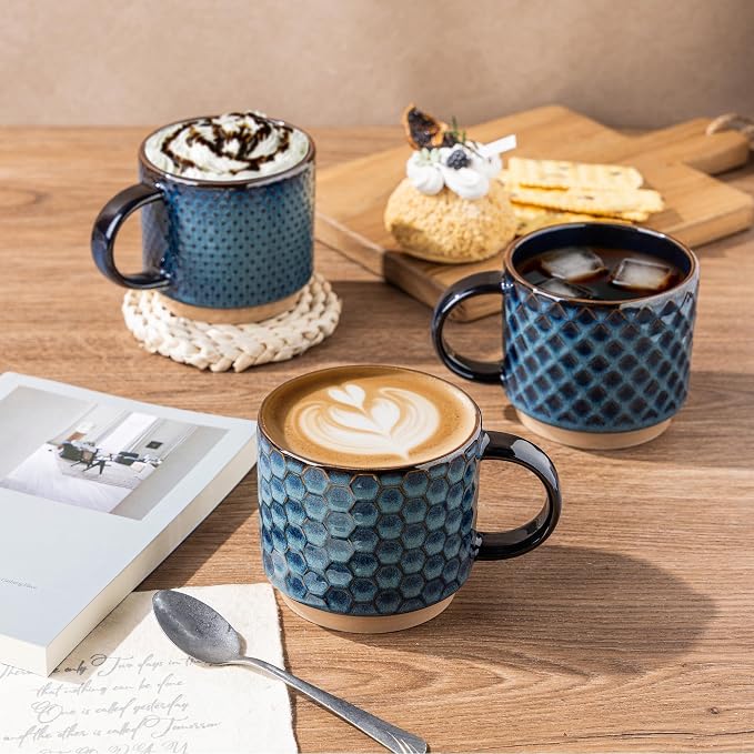 GBhome 12 OZ Stackable Coffee Mugs Set of 4, Ceramic Coffee Cups Set | 4 Assorted Designs, Embossed Mugs with Texture Patterns for Tea/Coffee, Dishwasher&Microwave Safe, Deep Blue