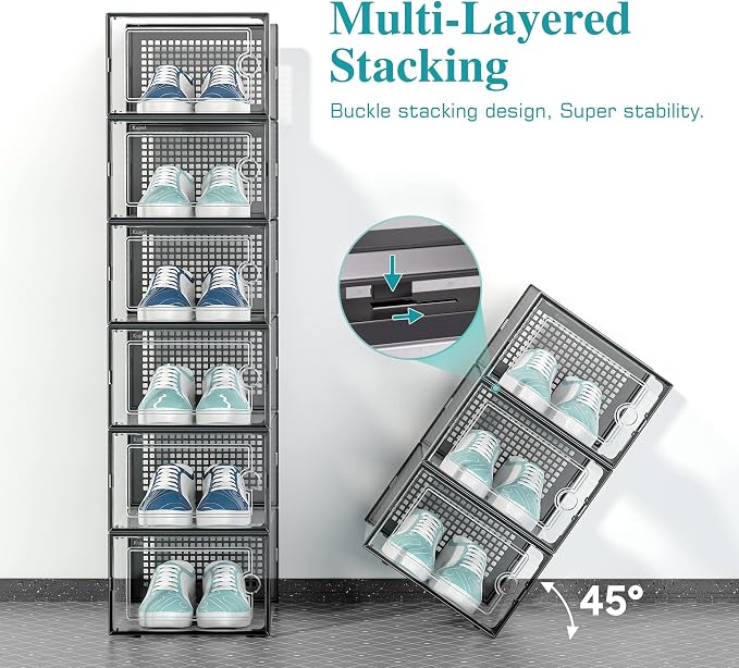 Kuject 12 Pack Large Shoe Boxes, Clear Stackable Containers with Lids,Black | Shoe organizers for closet & entryway, under-bed,Drop-front design fits women's size 10