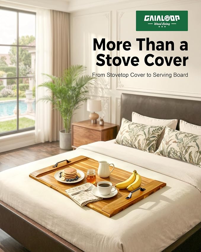 Gaialoop Noodle Board Stove Cover for Glass Top Electric Stove with Handles | Acacia wood stovetop cover adds counter space, elevates your kitchen, and protects most 30" glass top electric stoves