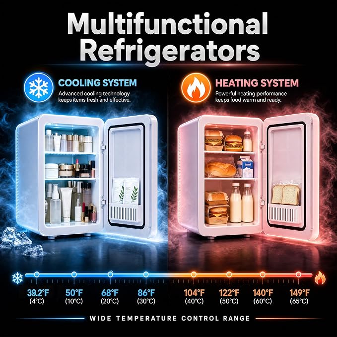 Kikihouse 16L/20L Skincare Fridge with LED Mirror, Small Fridge for Makeup | Portable Skin Care Fridge for Beauty, Cosmetics, Personal Mini Refrigerator for Food, Office, Dorm, Car, Cooler & Warmer