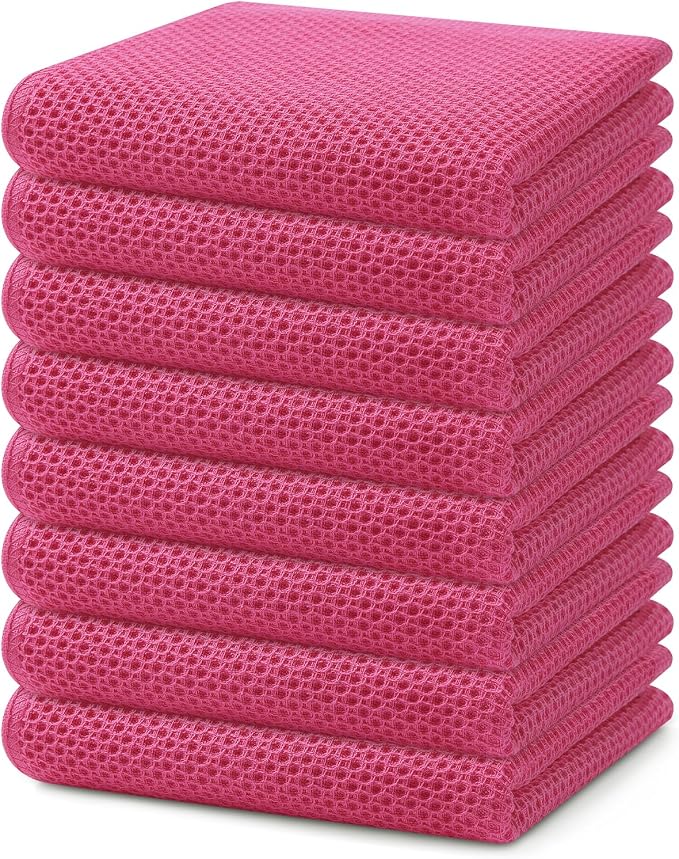 Homaxy 100% Cotton Waffle Weave Kitchen Dish Towels 8-Pack, Hot Pink | 13 x 28 Inches, Ultra Soft Absorbent Dish Towels, Quick Drying Cleaning Towels