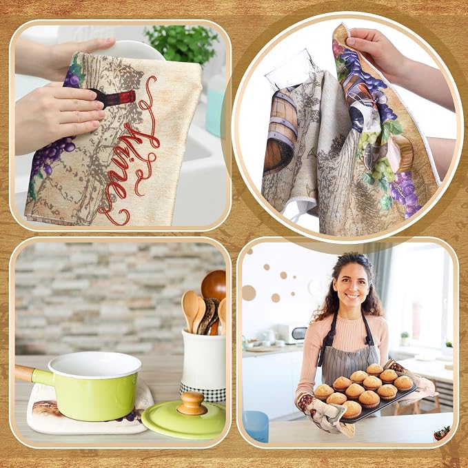 Fourluoo 10 Pcs Wine Kitchen Dish Towels Rugs Oven Mitts and Pot Holders Set Farmhouse Kitchen Decor Set for Women Mom Daughter Gift Cooking Baking Grilling (Rustic Color)