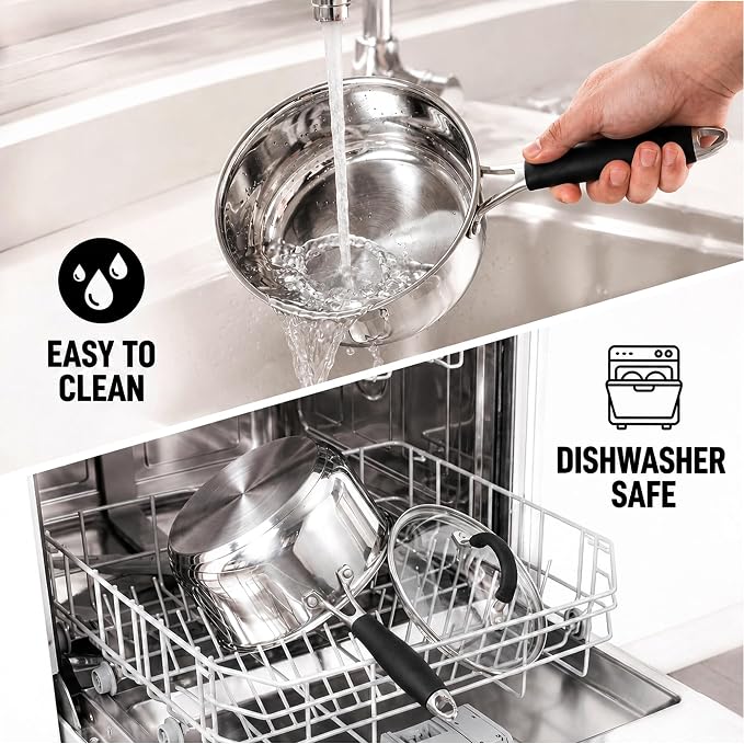 E-far 3 Quart Saucepan, Tri-Ply Base Stainless Steel Sauce Pot with Lid | Small Milk Sauce Pan with Silicone Handle for Home Kitchen Cooking, Compatible with All Cooktops, Non-toxic, Dishwasher Safe