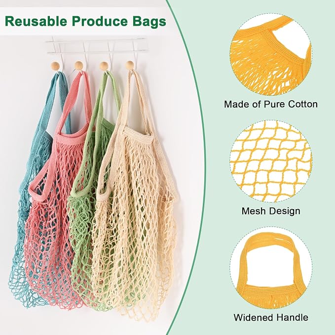 M METERXITY 1-Pack Cotton Mesh Bag, Reusable Washable Mesh Net String Grocery Bags, Reusable Produce Bags with Handle, Net Tote Bag for Fruits/Vegetables Shopping [Yellow, Short Handle]