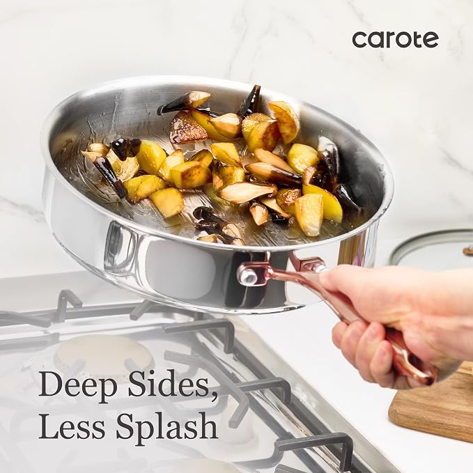 CAROTE 10" Tri-Ply Stainless Steel Deep Frying Pan with Lid, Non-Toxic Saute Pan, Oven Safe, Induction, Ceramic and Gas Cooktops Compatible, Silver