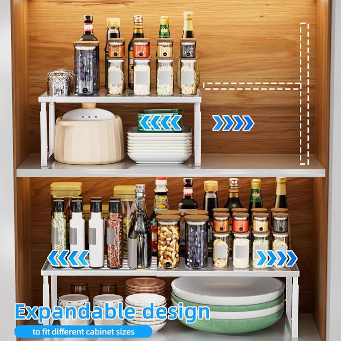 Cabinet Shelves, 2 Pack Stackable Shelves for Kitchen Storage | Expandable & Height Adjustable Cabinet Organizer Shelf | Metal Shelf Organizer | White Spice Rack for Pantry Storage