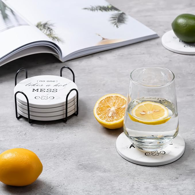 6Pcs Absorbent Coasters Set with Holder,Ceramic Drink Coaster,4 in（A10） | Marble Style Ceramic Drink Coaster,Suitable for Kinds of Cups,Modern Style Coaster for Coffee Table
