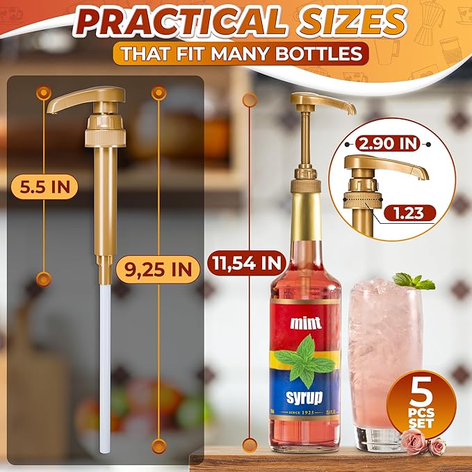 5 Pack Syrup Pumps, 9.25" Closed/11.54" Open, Fits 25.4 oz (Gold) | Pumps for Syrup Bottles; 0.3oz per Press; Lockable, Adjustable Long Tube; for Liquids, Pastes, and Sauces; for Coffee Bar