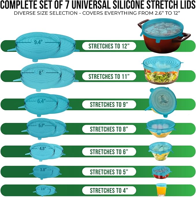 Reusable Silicone Stretch Lids for Food Storage in Fridge - Elastic Heat-Resistant Bowl Covers, Cups, Cans, Jars - Universal Food Grade Lid for Containers - 7 Pack - Blue Mist Stretchy Lid Set