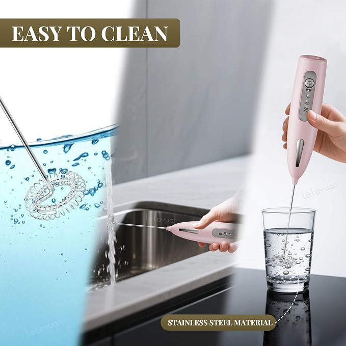 Electric Milk Frother, Three speed adjustment, USB Rechargeable Cordless Hand Blender with Sticky Stand Included, 304 stainless steel Egg Beater, Mixed Drinks, Coffee Stirrers (Pink set)