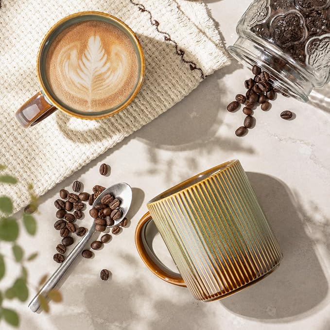 theterra Ceramic Coffee Mugs Set of 6, 14.2 oz Coffee Cups with Handle | Handmade, Suitable for Latte, Tea, Milk, Beer & Hot Cocoa, Sage Umber
