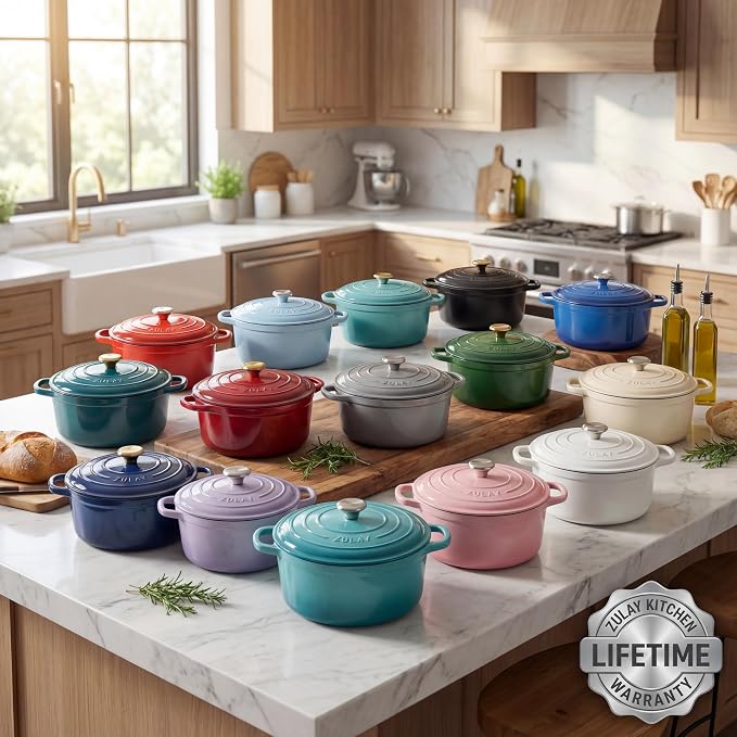 Zulay Kitchen 7.7 Quart Enameled Cast Iron Dutch Oven Pot with Lid – Premium Durability & Oven Safe up to 500°F – Heavy Duty Cookware Perfect for Bread Baking, Stews, Braising & Roasting – Green