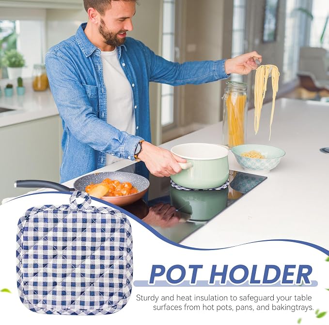 4pcs Pot Holders for Kitchen, Cotton Kitchen Hot Pads, Heat Resistant Oven Mitts and Pot Holders Sets (Blue Tartan)
