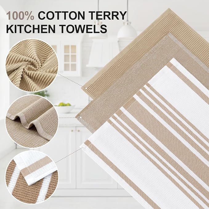 Homaxy Cotton 380 GSM Premium Kitchen Towels, 18"x 28", 9 Pack, Khaki | Soft and Absorbent Terry Dish Towels, Multipurpose Tea Towel Set with Hanging Loop, 3 Styles Kitchen Hand Towels