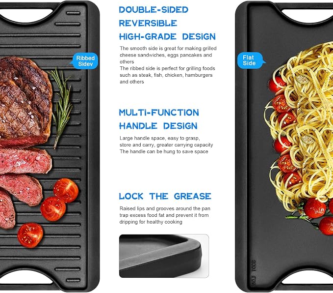 GGC Cast Iron Reversible Griddle | Double-sided Griddle Pan for Stove Tops and Gas Grills, 20"x 10.5" Flat and Ribbed Griddle Plate for Cooking