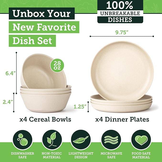 Grow Forward Premium Wheat Straw Plates and Bowls Sets - 8-Piece Wheat Straw Dinnerware Sets - Unbreakable & Reusable Microwave Safe Plastic Dinner Plates for Outdoors, RV, Camping Dishes - Sahara