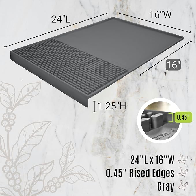 Bar & Coffee Mat For Countertop With "Edge Protection" – Espresso Tamping Mat – Bar Mats for Countertop & Silicone Heat Resistant Mat – Non-Slip & BPA-Free Food Grade – 16"(Front) x 24"(Length), Gray