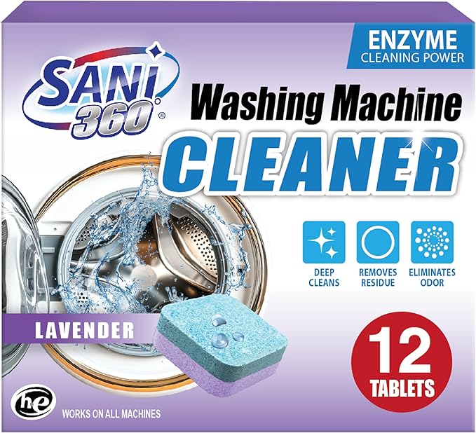 SANI 360° Washing Machine Cleaning tablets, 12 pack is Formulated with Enzyme, Deep Cleans and Deodorizes Front and Top Loading Washers use up to 1-year supply Lavender Scent