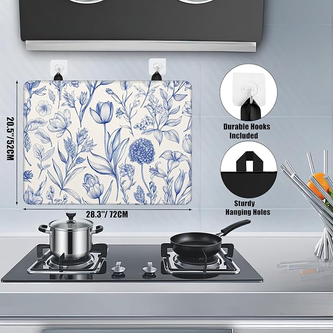 Retro Blue Floral Glass Top Stove Cover Protector,Spring Flower Stove Top Covers for Electric Stove,Washable Heat Resistant Cooktop Mat Anti-Slip Range Covers, 28 x 20 Inch