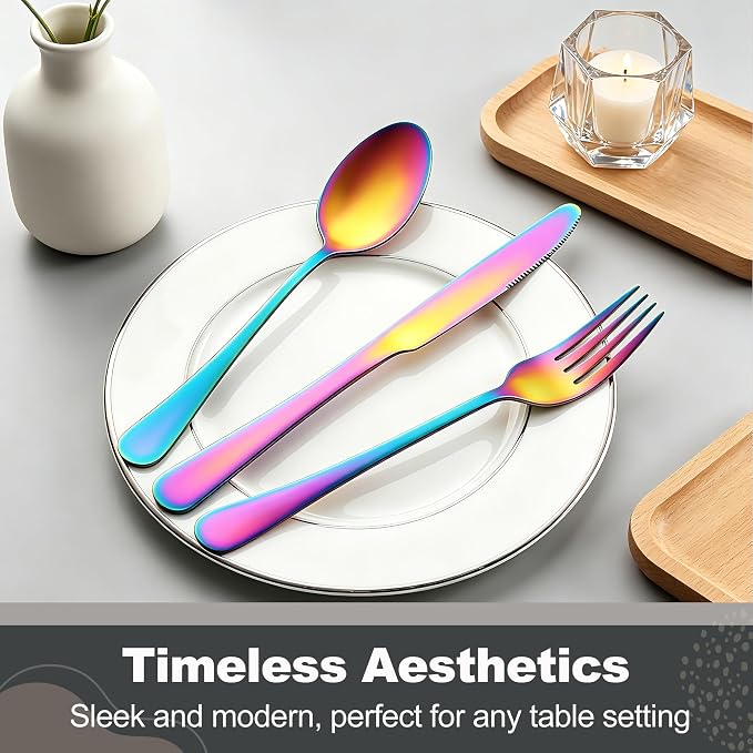 Runfly 60-Piece Rainbow Flatware Set, Stainless Steel Cutlery Set for 12 | Mirror Polished Durable Utensil Set Includes Knife Fork Spoon for Home Kitchen Restaurant Tableware