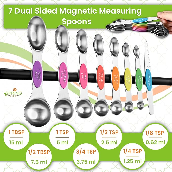 Spring Chef Magnetic Measuring Cups & Spoons Set of 15, Patented, Neon | Stackable Stainless Steel Measuring Cups & Heavy Duty Metal Measuring Spoons with Levelers for Dry & Liquid Ingredients