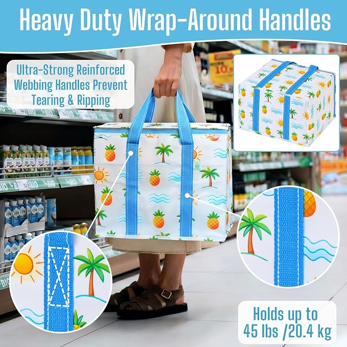 VENO 2 Pack Insulated Cooler Bag Reusable Grocery Bag for Food Delivery | Heavy Duty Large Collapsible Cooler Shopping Tote w/ Zippers, Foldable, Stands Upright for Camping (Tropical Island, 2 Pack)