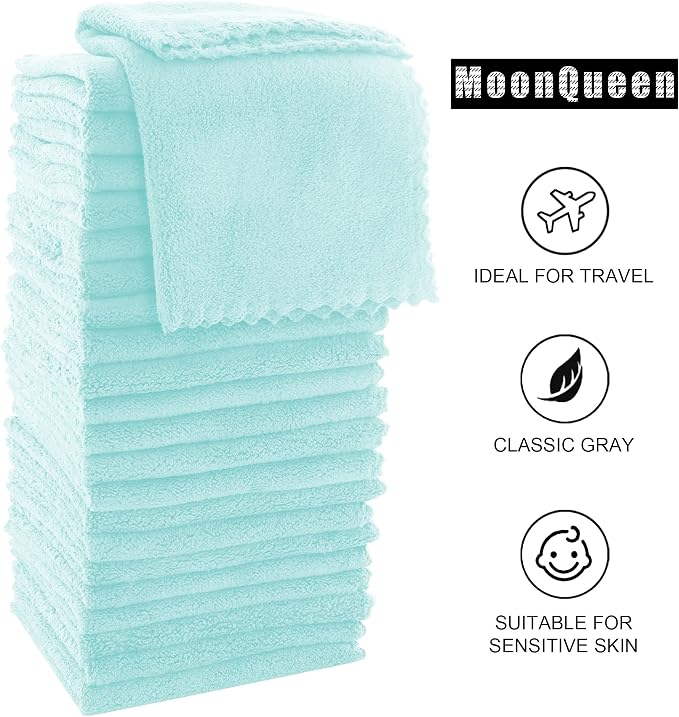 MOONQUEEN Ultra Soft Premium Washcloths Set - 12 x 12 inches - 24 Pack - Quick Drying - Highly Absorbent Coral Velvet Bathroom Wash Clothes - Use as Bath, Spa, Facial, Fingertip Towel (Frozen Blue)