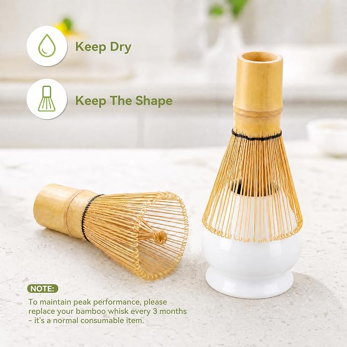 Matcha Whisk Set with Classic White Ceramic Bowl - Complete Matcha Making Kit, Bamboo Whisk (Chasen), Matcha Powder Sifter, Scoop, Whisk Holder, Japanese Tea Ceremony Tools