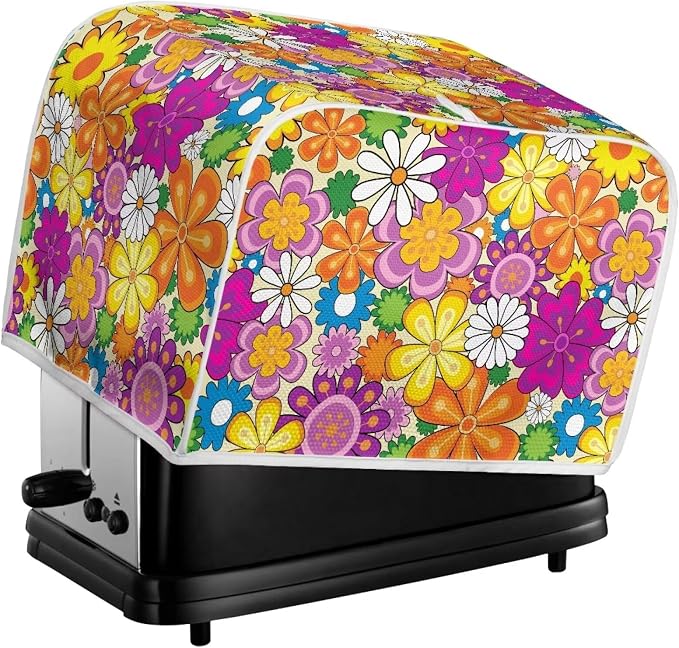 Daisy Print Food Toaster Cover Multicolor, Floral 2 Slice Wide Slot Oven Protector Fingerprint Protector, Foldable Small Appliance Protection Anti-dust Bread Machine Cover