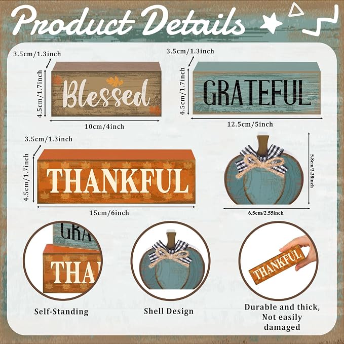 Lineshading 4 Pcs Farmhouse Block Signs Tiered Tray Decor Blue Pumpkin | Rustic Wooden Stacked Signs Blessed Grateful Thankful, Sunflower Pumpkin Topper, Tabletop Centerpiece for Fall Harvest